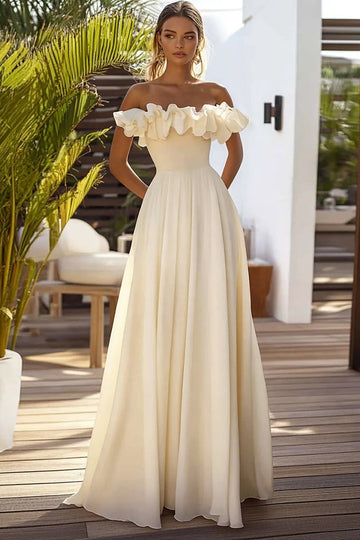 Daffodil Ruffled Off The Shoulder Chiffon Long Wedding Guest Dress